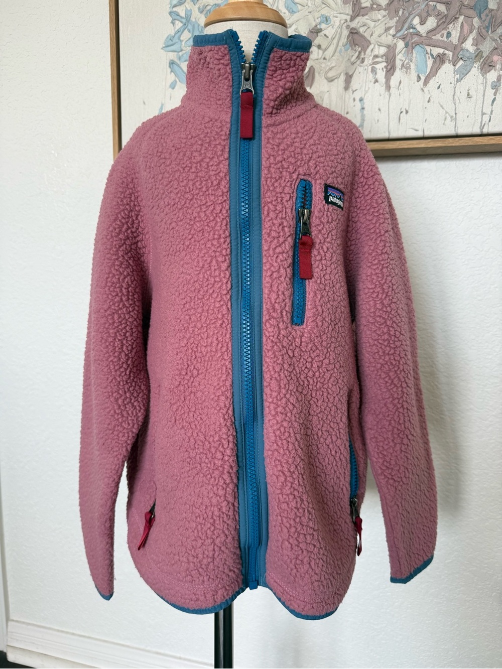 Patagonia Kids Pink Retro Pile Fleece Jacket with Blue Trim